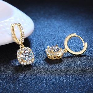 Classic 14k gold moissanite drop earrings with sparkling halo and pave hoop setting
