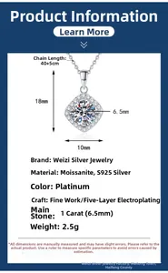 Macro detail of S925 silver moissanite necklace showing 1ct square pendant and size specs