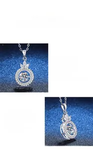 Macro view of crown-shaped S925 sterling silver pendant with 1ct moissanite halo setting