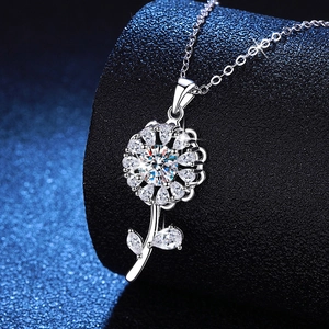 S925 sterling silver sunflower necklace featuring a 1ct moissanite center pendant