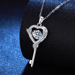 S925 sterling silver heart key necklace with 1 carat dancing moissanite pendant