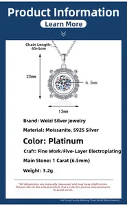 Detailed specs of S925 silver necklace with 1ct moissanite pendant and size info