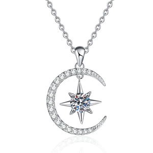 S925 sterling silver moon and star pendant necklace with sparkling moissanite main stone