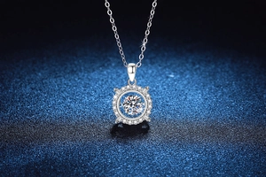Detailed macro of S925 silver necklace with 1ct moissanite dancing stone pendant