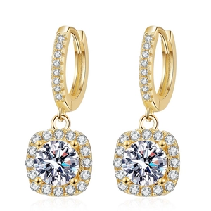 Classic 14k gold square halo moissanite earrings with sparkling 925 silver studs