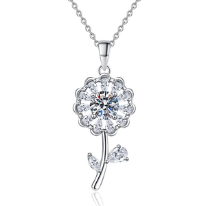 S925 sterling silver sunflower necklace with 1 carat moissanite pendant on white background