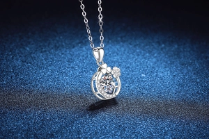 Détail du collier fleur en argent S925 avec moissanite 1 carat sur fond bleu profond