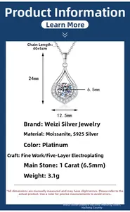 Detailed S925 silver necklace specifications with 1ct moissanite teardrop pendant dimensions