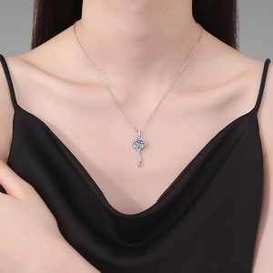S925 Sterling Silver Clover Key Necklace with 1ct Moissanite Pendant on Model