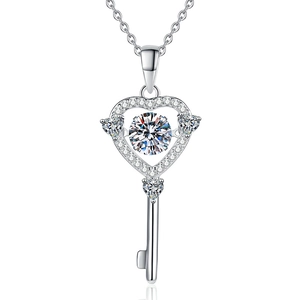 S925 sterling silver heart key pendant necklace with a sparkling 1 carat moissanite center