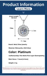 Détails du collier en argent S925 et dimensions du pendentif en moissanite de 1 ct
