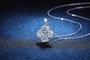 Macro detail of dancing stone four-leaf clover necklace with sparkling round center stone