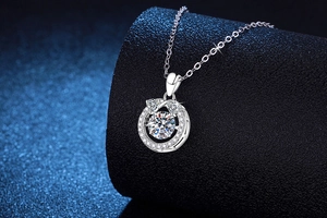 Close-up of S925 silver necklace with 1 carat moissanite pendant on a jewelry display
