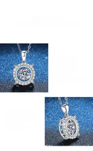 Macro detail of sun flower shaped S925 sterling silver necklace with moissanite pendant