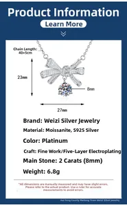Technical dimensions of S925 sterling silver bow pendant with 2ct moissanite gemstone