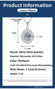 Detailed view of S925 silver necklace with 1-carat Moissanite stone dimensions and data