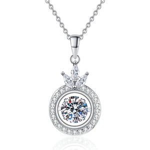 S925 sterling silver crown necklace with dancing 1 carat round moissanite pendant