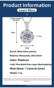 Detailed size and specs for S925 silver 1ct Moissanite necklace with 45cm chain