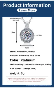 Vue macro du pendentif Moissanite 1 carat avec détails des dimensions et longueur de chaîne
