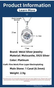 Detailed size specifications for S925 silver 1ct moissanite heart pendant necklace