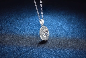 Macro side view of S925 sterling silver double halo pendant with 1ct moissanite gemstone