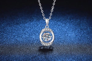 Close-up of dancing moissanite pendant in S925 sterling silver with halo diamonds