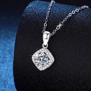 Elegant S925 sterling silver necklace featuring a 1 carat square halo moissanite pendant
