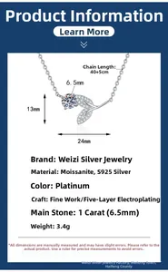 Macro detail of leaf pendant showing 1ct moissanite and S925 sterling silver specs