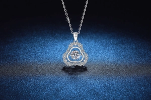 Macro shot of 1ct Moissanite dancing stone pendant with sparkling gourd frame detail