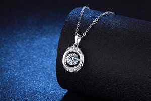 Close-up of S925 sterling silver necklace with a 1ct moissanite dancing stone pendant