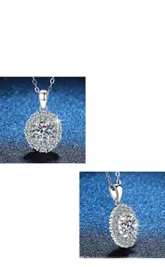 Macro details of 1ct Moissanite halo pendant showcasing brilliant cut and polished silver