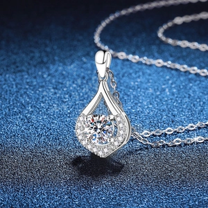 S925 sterling silver teardrop necklace with 1 carat moissanite in a halo setting