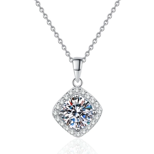 Elegant S925 silver necklace with a 1ct round moissanite pendant in a halo square setting