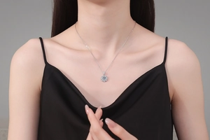 Close-up of S925 sterling silver halo necklace with 1ct Moissanite on a model neck