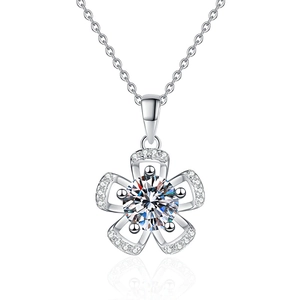 925 sterling silver flower necklace featuring 1 carat moissanite and halo diamond petals