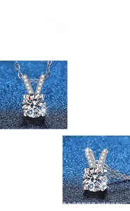 Macro detail of S925 sterling silver four-prong moissanite pendant with V-shaped accents