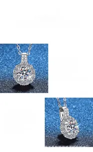 Détails d'un pendentif en moissanite ronde avec sertissage et bélière en argent pavé