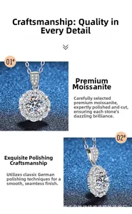 Detail of 1ct Moissanite halo pendant necklace featuring brilliant round cut and S925 silver