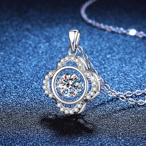 Sparkling S925 sterling silver necklace with moving moissanite dancing clover pendant
