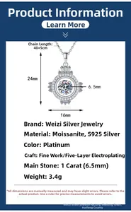 Macro detail of 1ct moissanite S925 silver pendant necklace with dimensions and specs