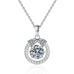 S925 Sterling Silver Moissanite Necklace with heart accents and a round dancing pendant
