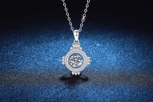 Macro shot of S925 sterling silver dancing moissanite pendant with crown setting details