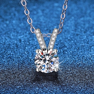 S925 Sterling Silver Moissanite Pendant Necklace Round Cut Sparkling Stone Rabbit Ear Design V Shape Bail Jewelry For Women