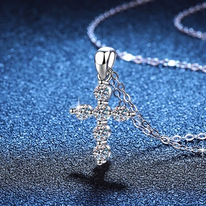 S925 sterling silver cross pendant necklace with six brilliant round moissanite stones