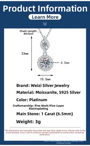 Λεπτομέρεια κολιέ ασήμι 925 με μενταγιόν moissanite 1ct και διαστάσεις προϊόντος
