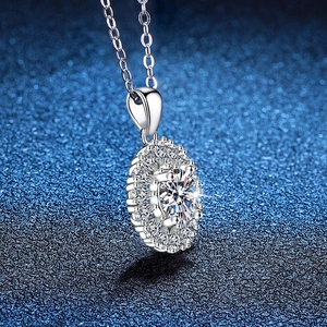S925 sterling silver necklace with oval moissanite pendant and halo detail