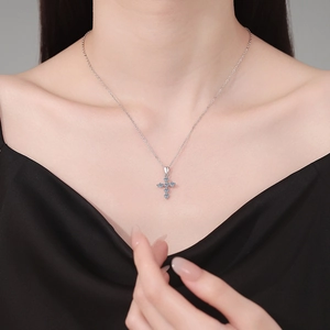 S925 sterling silver cross pendant necklace with sparkling blue moissanite stones