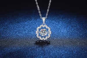 Detailed view of sparkle flower moissanite pendant on a fine silver chain necklace