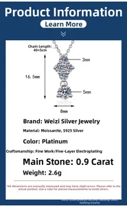 Détails techniques du collier en argent 925 et moissanite avec dimensions et matériaux