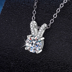 S925 sterling silver necklace with rabbit ear pendant and round 1ct moissanite